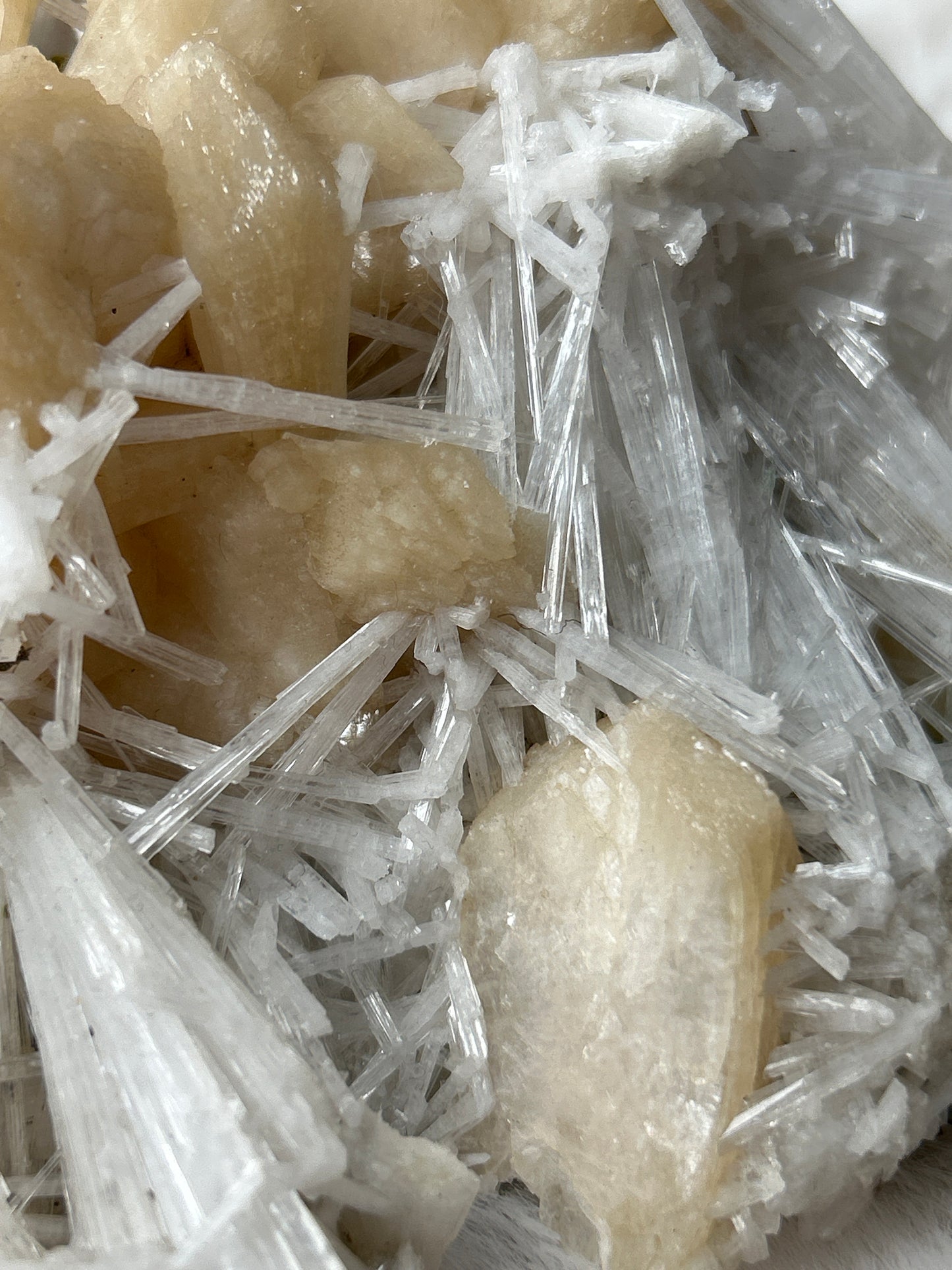 Scolecite on Peach Stillbite with Green Apophyllite