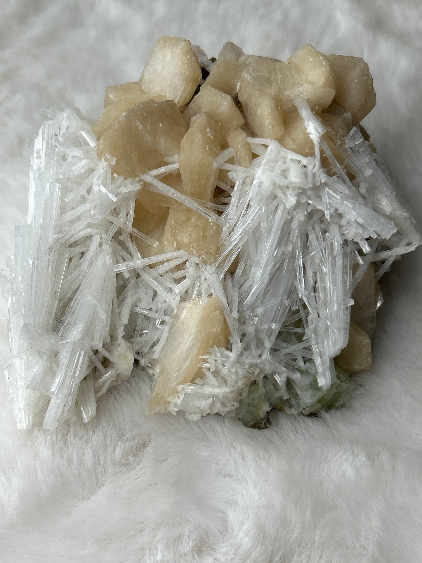 Scolecite on Peach Stillbite with Green Apophyllite