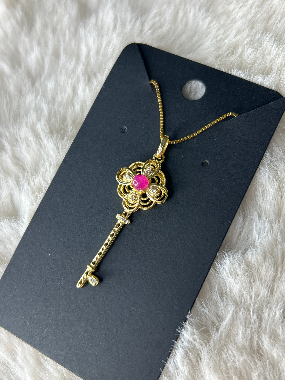 Gold Plated Sterling Silver Ruby Key Necklace