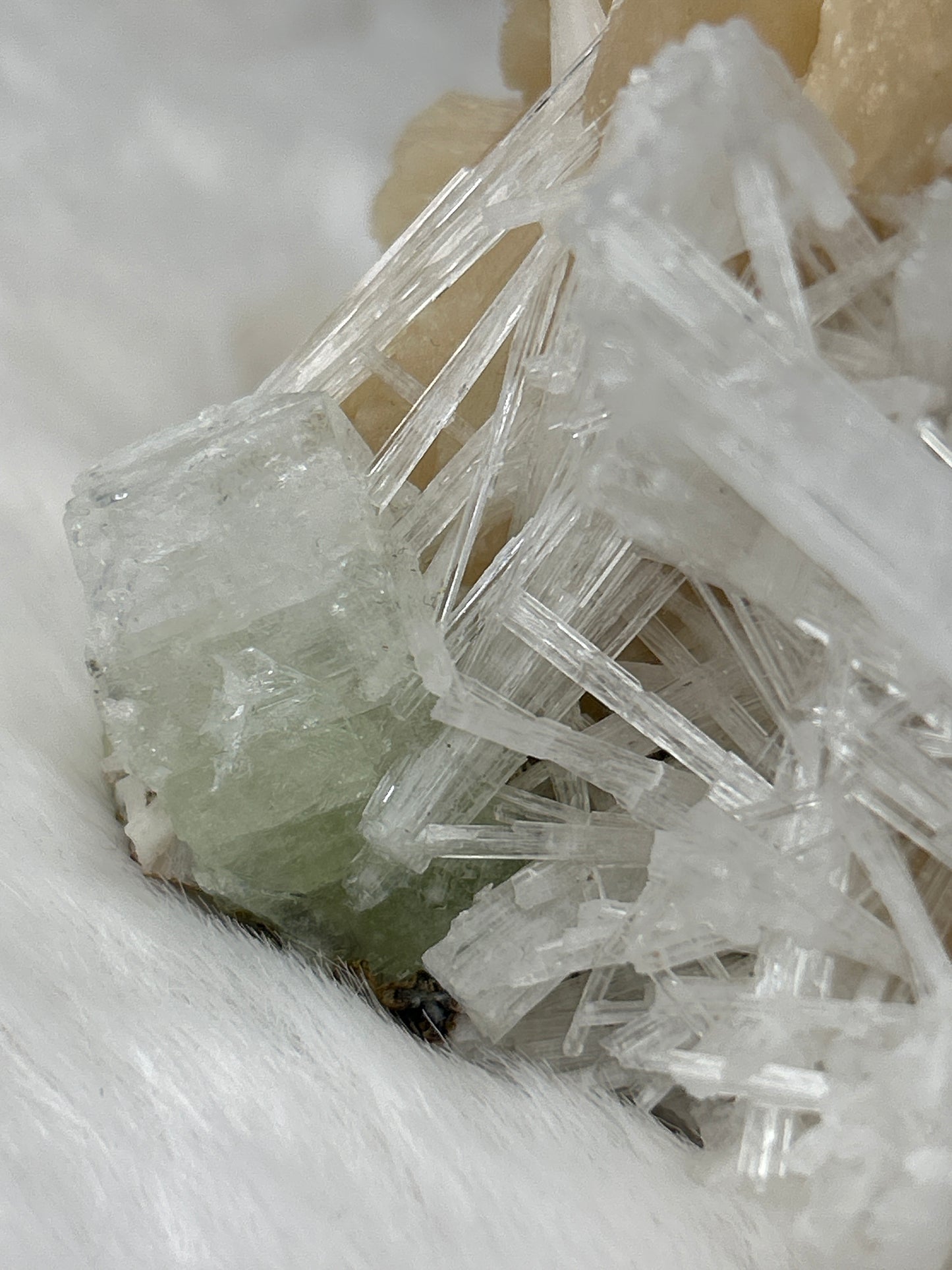Scolecite on Peach Stillbite with Green Apophyllite