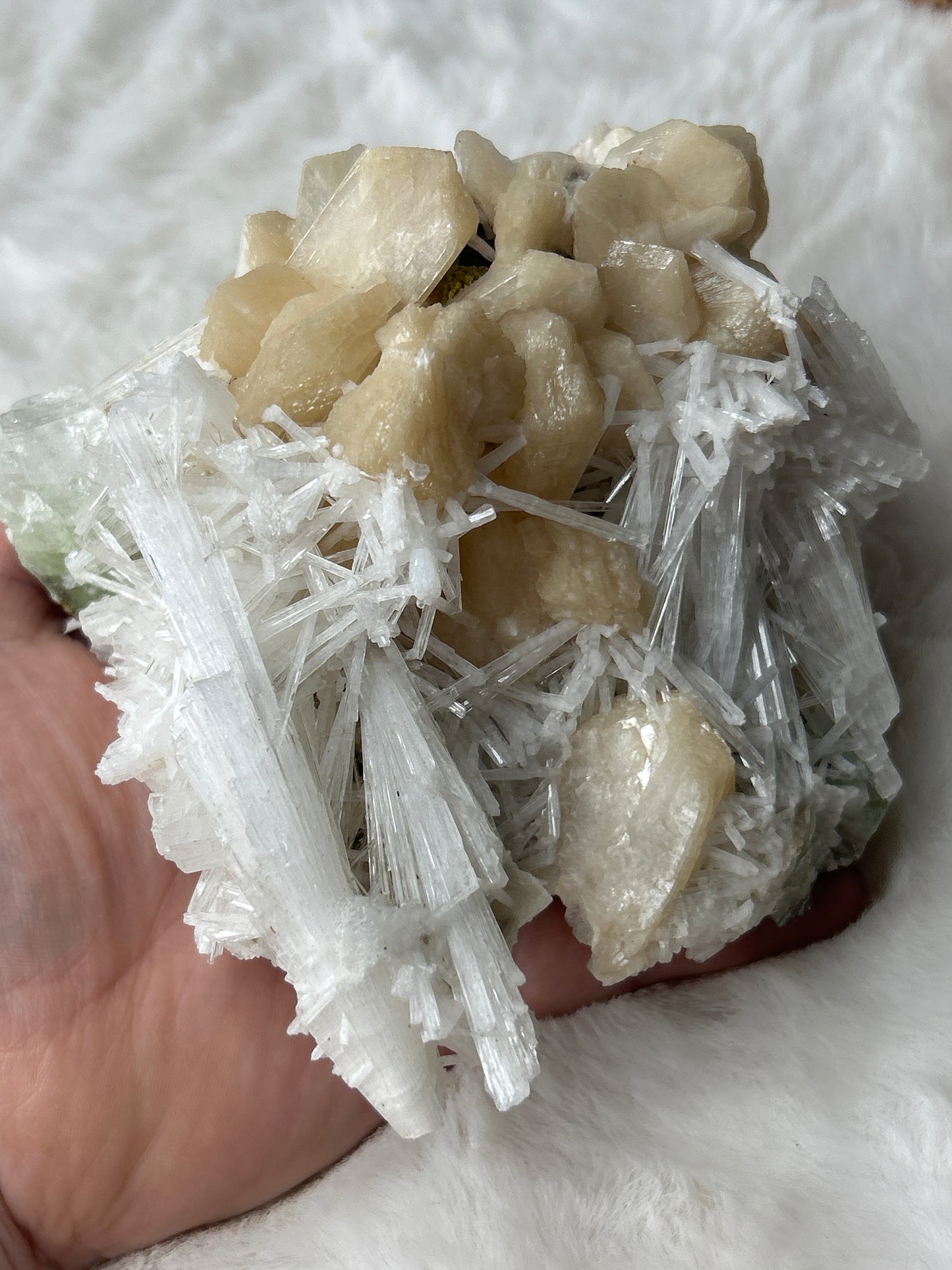 Scolecite on Peach Stillbite with Green Apophyllite
