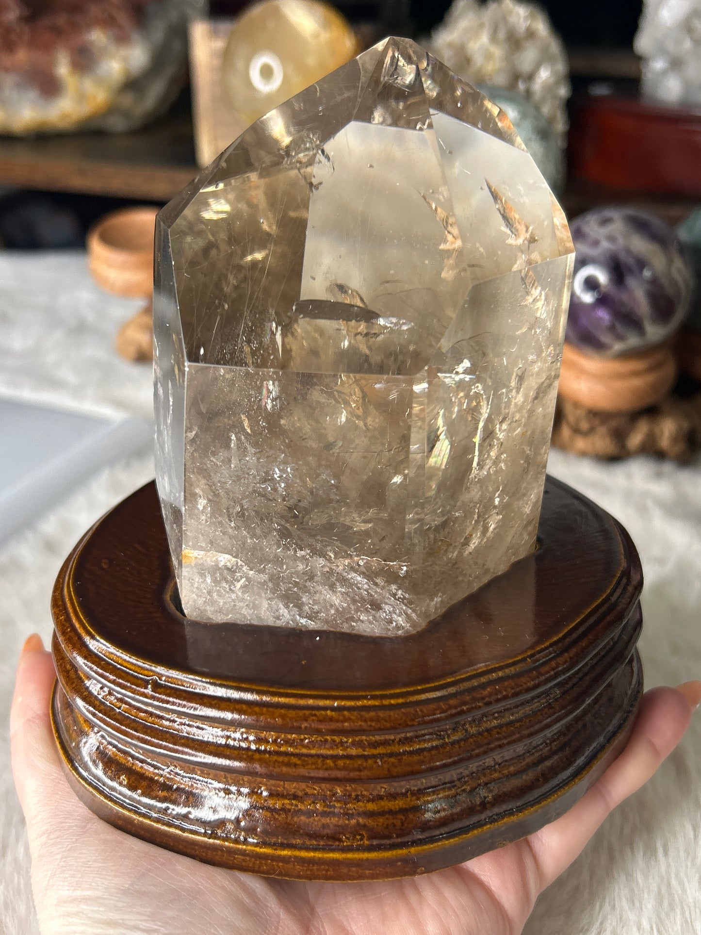 Rutile in Smoky Quartz Point with Custom Wood Stand