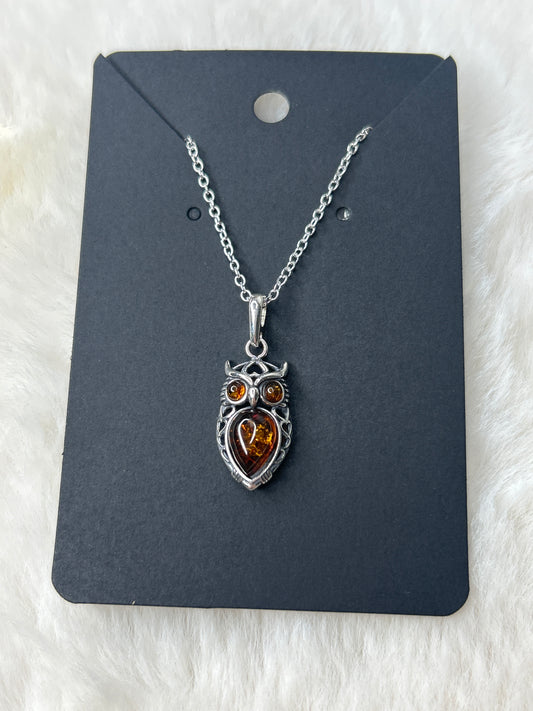 Amber Owl Necklace 925 Sterling Silver