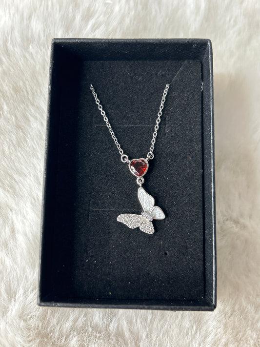 925 Sterling Silver Garnet & Butterfly Necklace