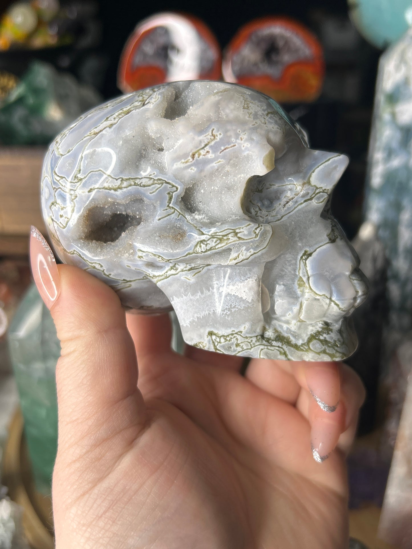 Druzy Moss Agate Skull