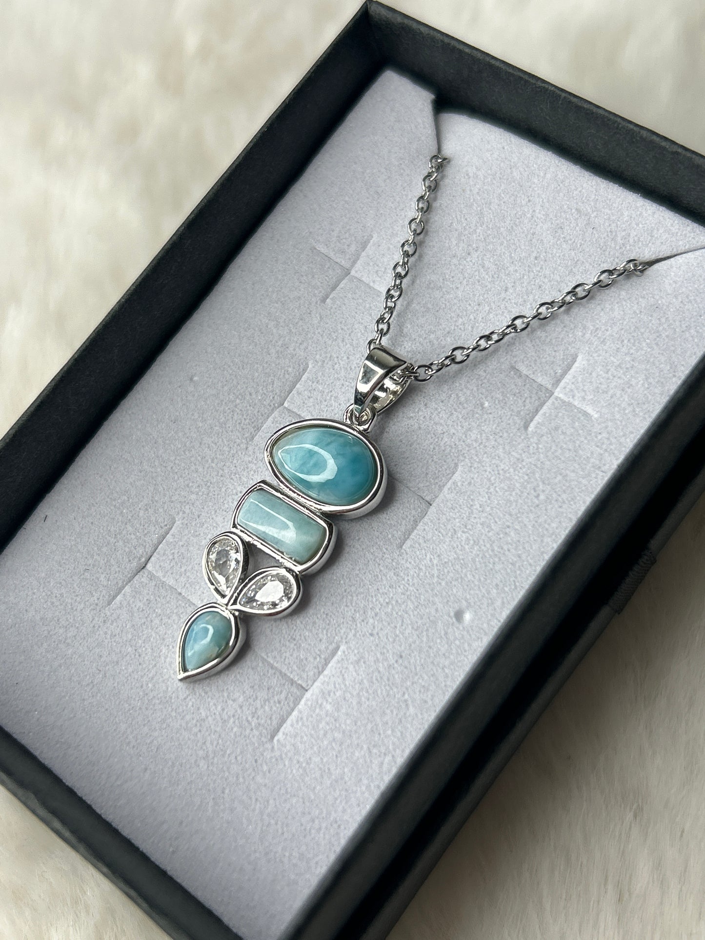 Larimar & Cubic Zirconia Necklace 925 Sterling Silver