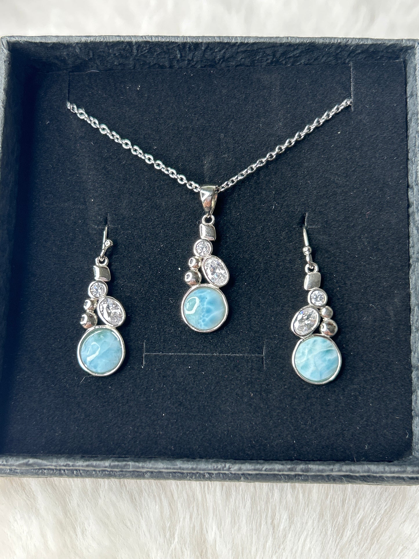 Larimar & Cubic Zirconia Necklace and Earring Set 925 Sterling Silver