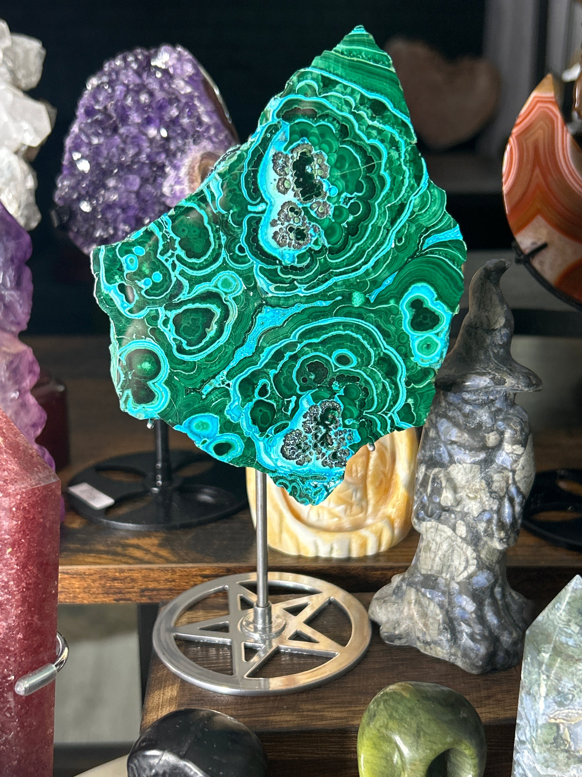 Malachite & Chrysocolla Slab on Stand