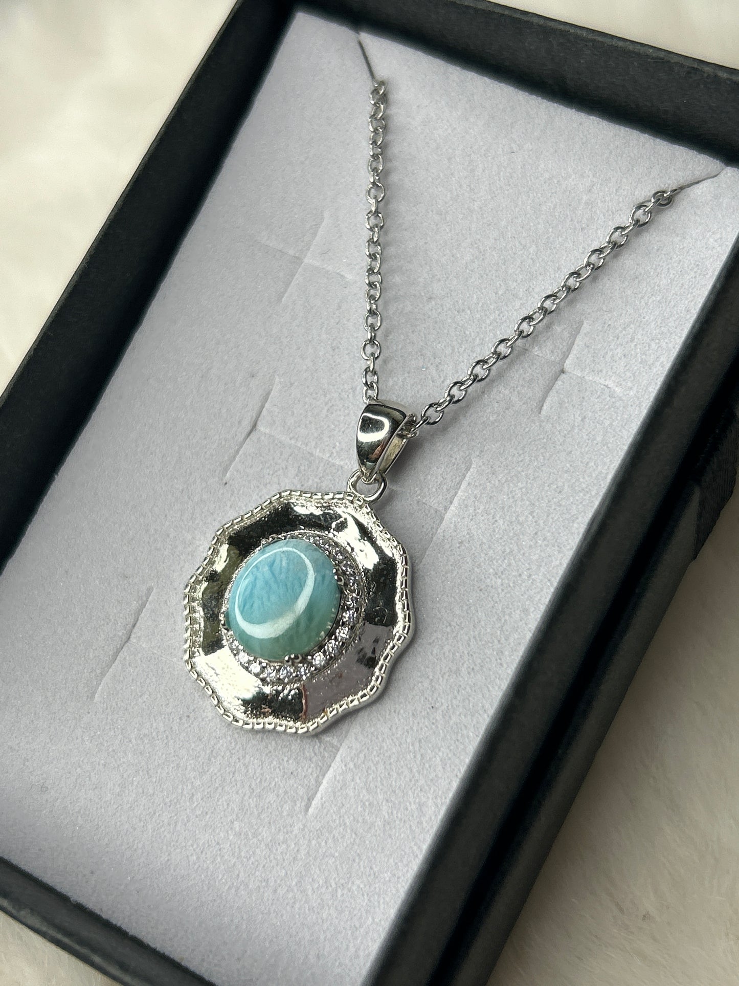 Larimar and Cubic Zirconia Necklace 925 Sterling Silver