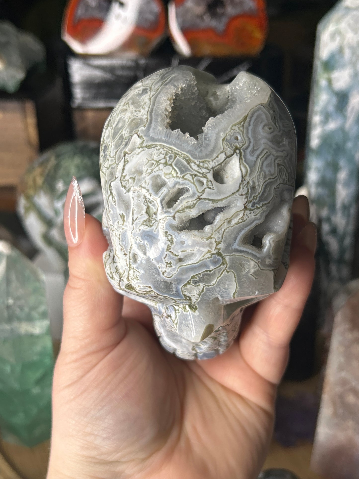 Druzy Moss Agate Skull