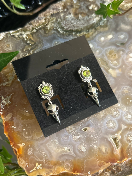 925 Sterling Silver Peridot Raven Studs