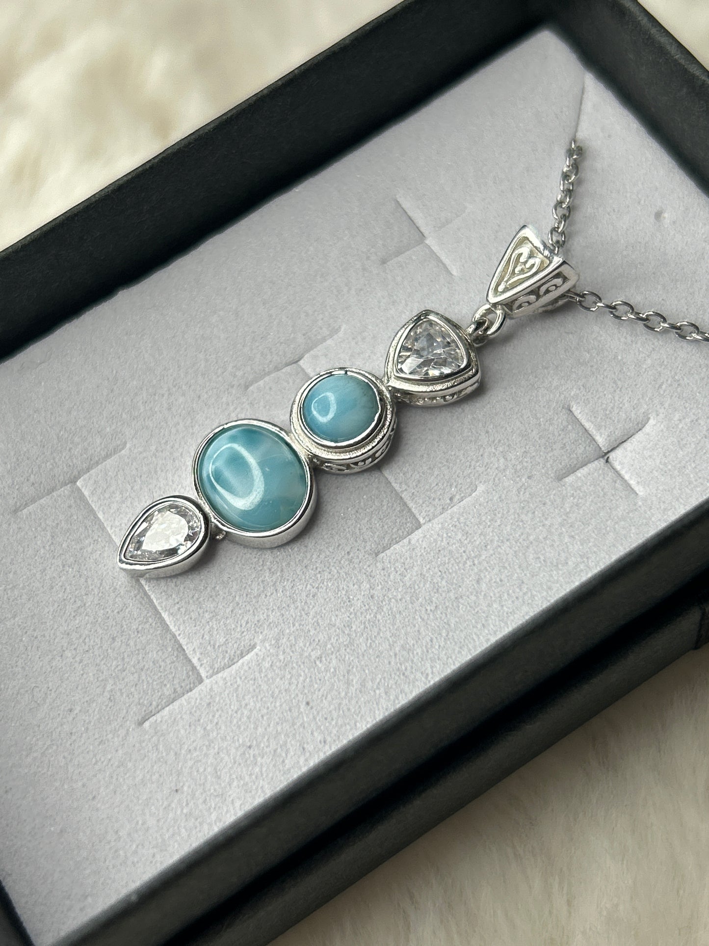 Larimar & Cubic Zirconia Necklace 925 Sterling Silver