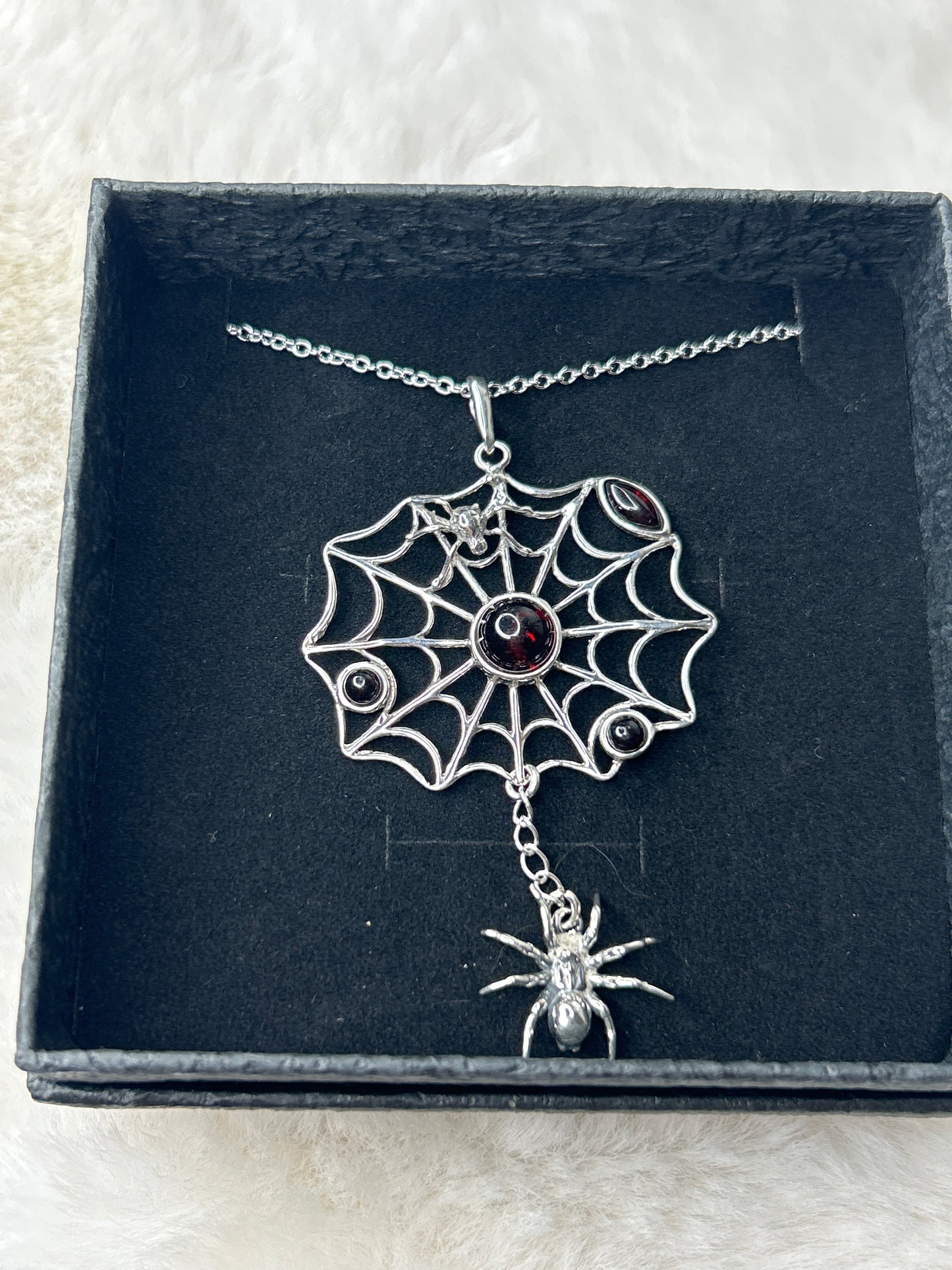 Cherry Amber Spider & Web Necklace 925 Sterling Silver