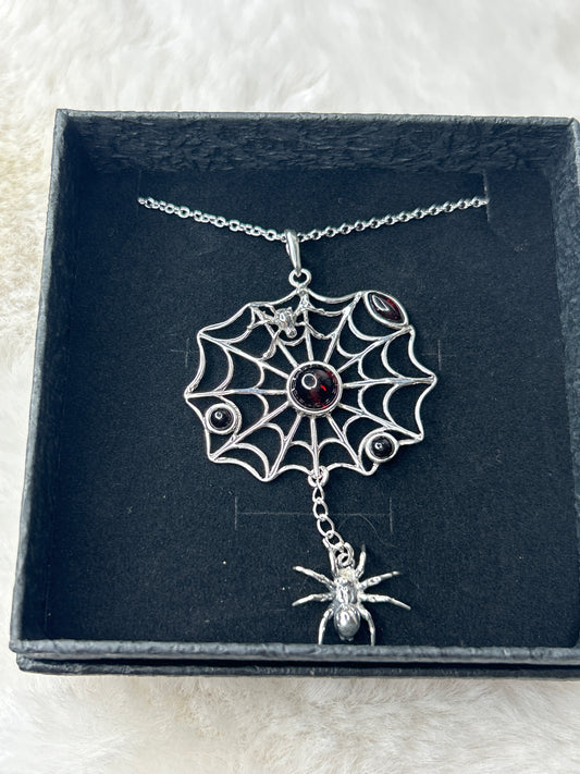 Cherry Amber Spider & Web Necklace 925 Sterling Silver