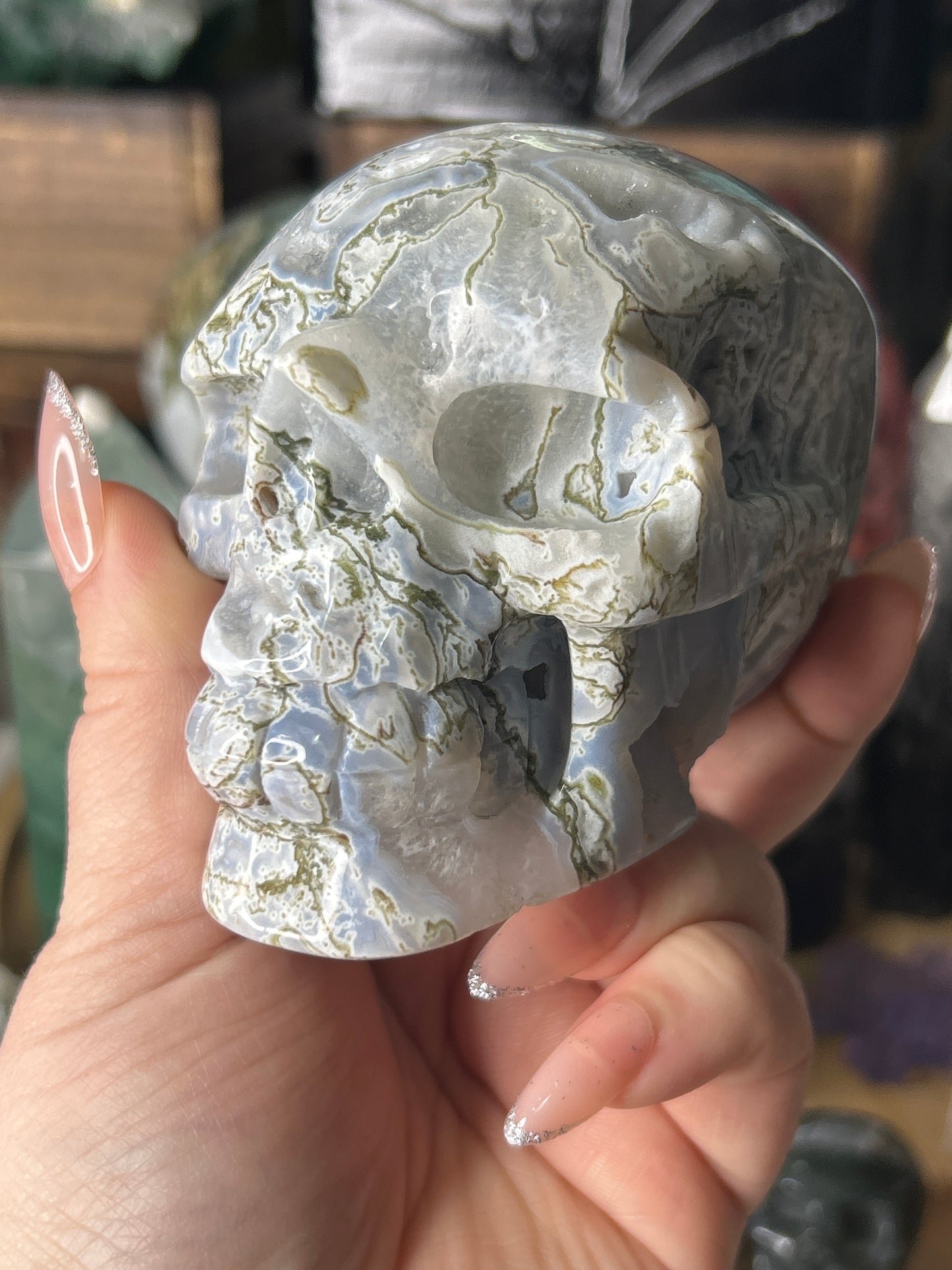 Druzy Moss Agate Skull