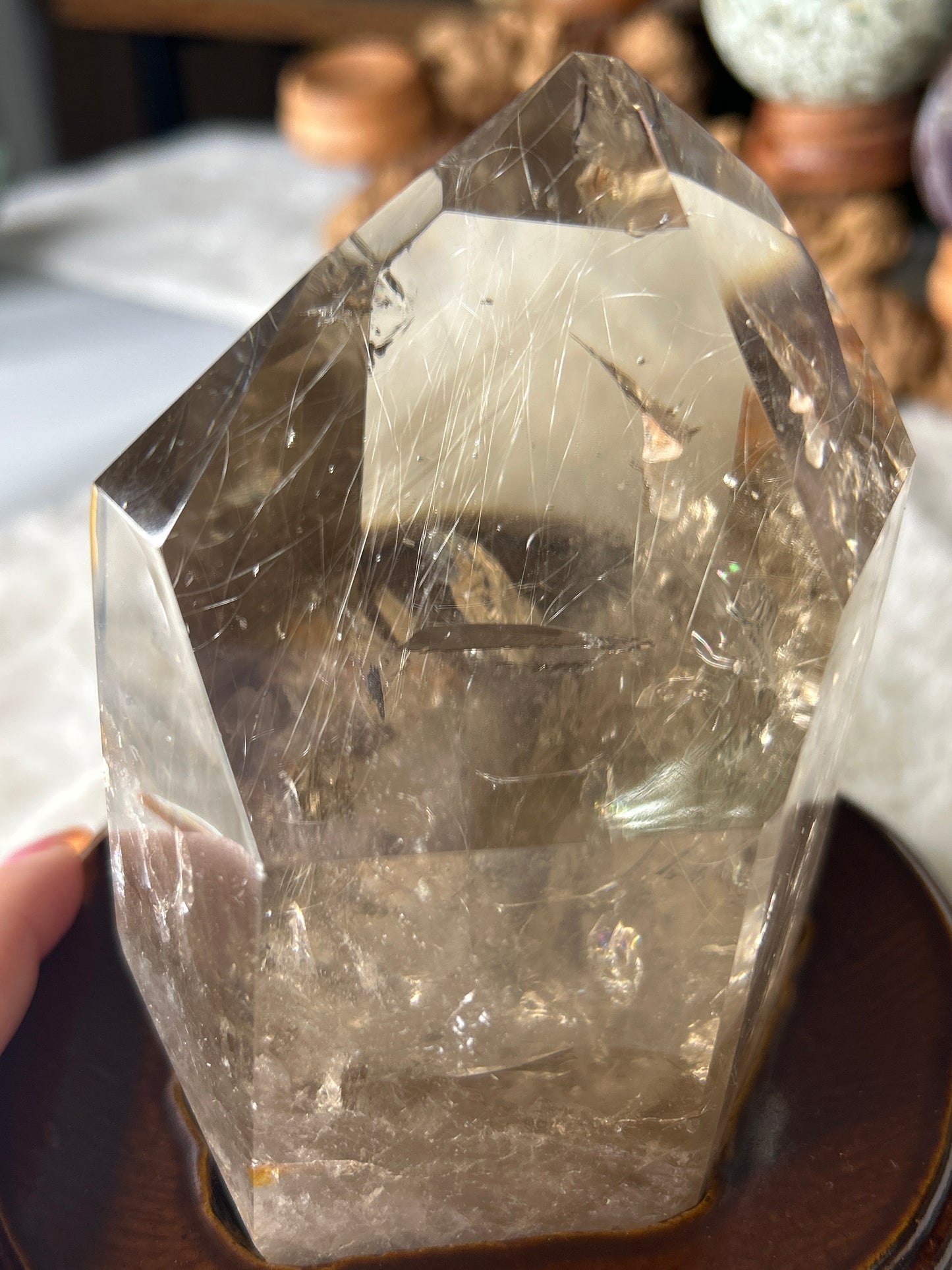 Rutile in Smoky Quartz Point with Custom Wood Stand