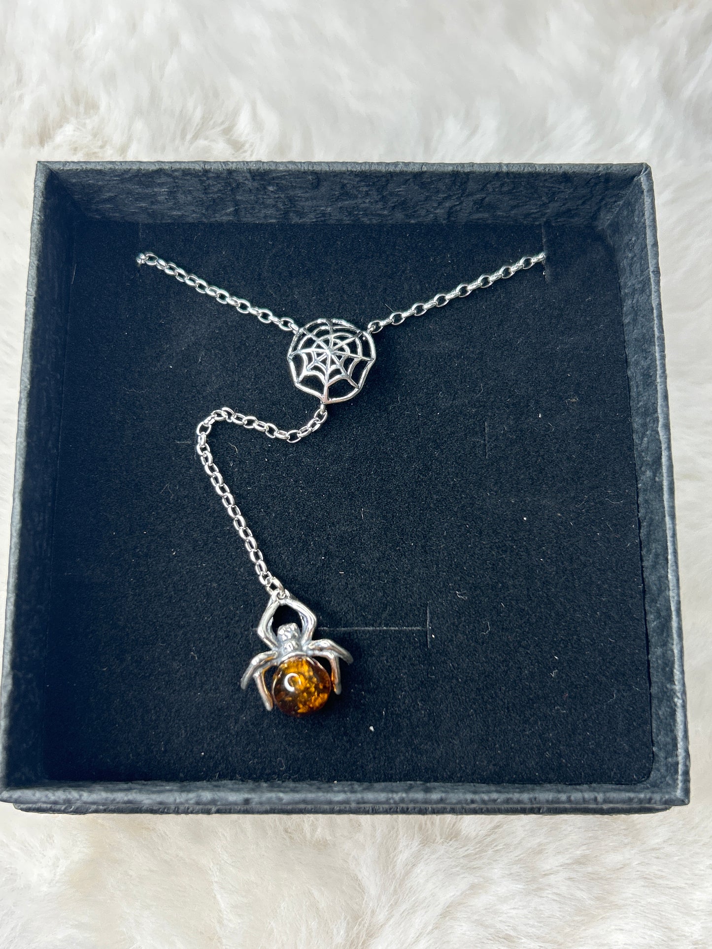 Spider and Web Amber Necklace 925 Sterling Silver