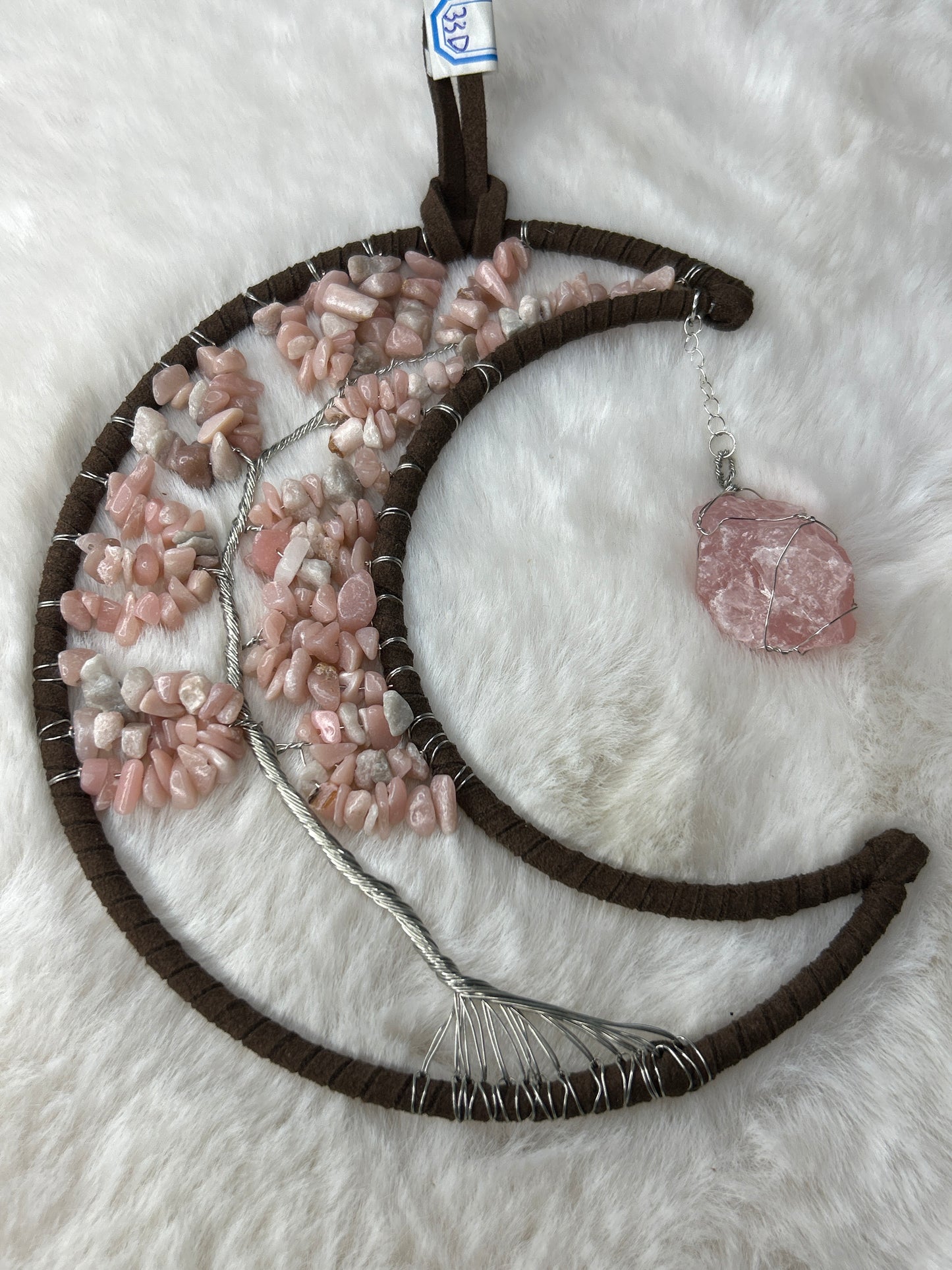 Pink Opal Moon with Rose Quartz Wall Hanging