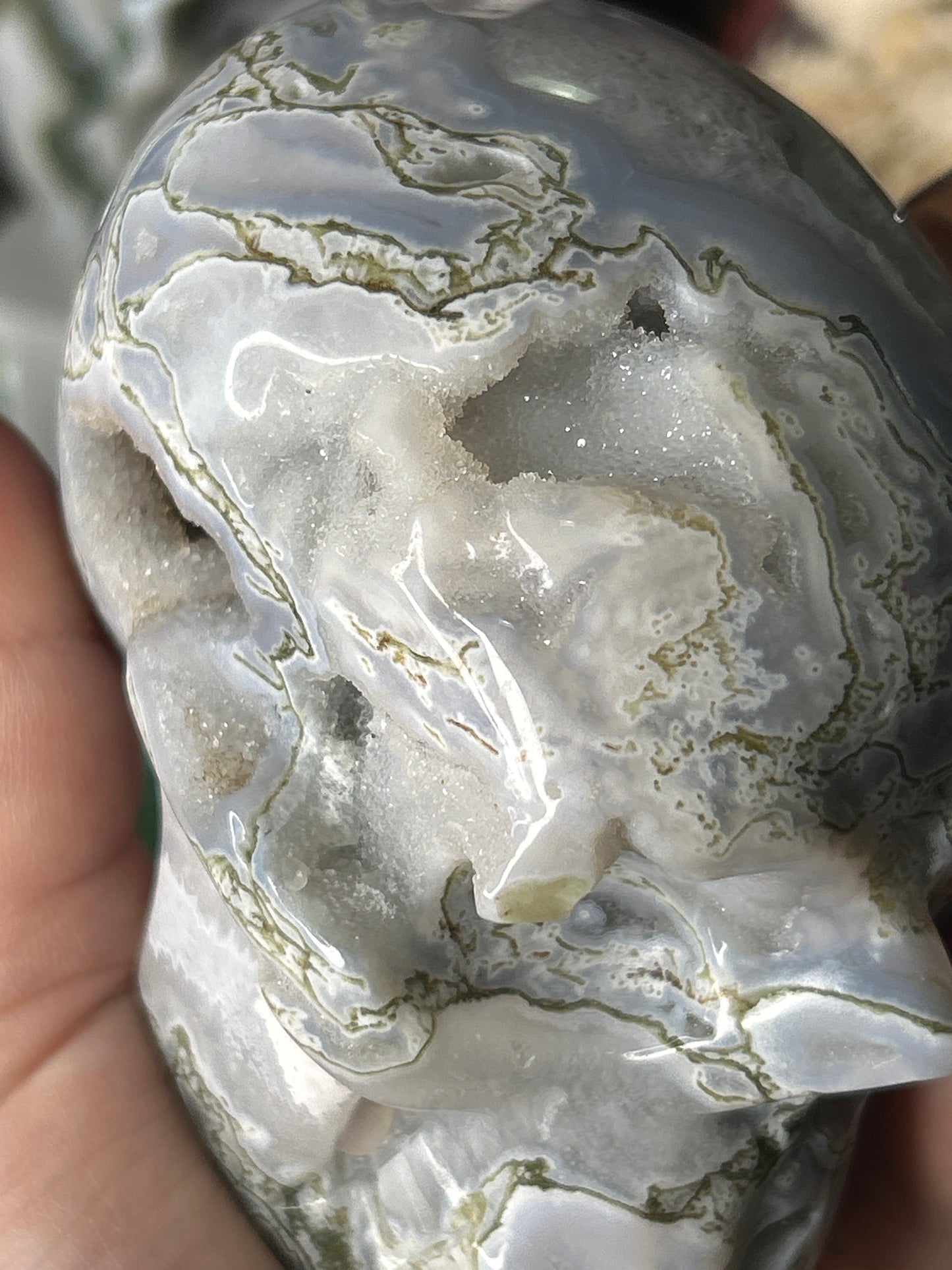 Druzy Moss Agate Skull