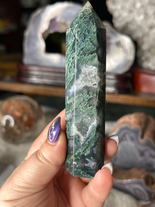 Moss Agate Tower with Druzy