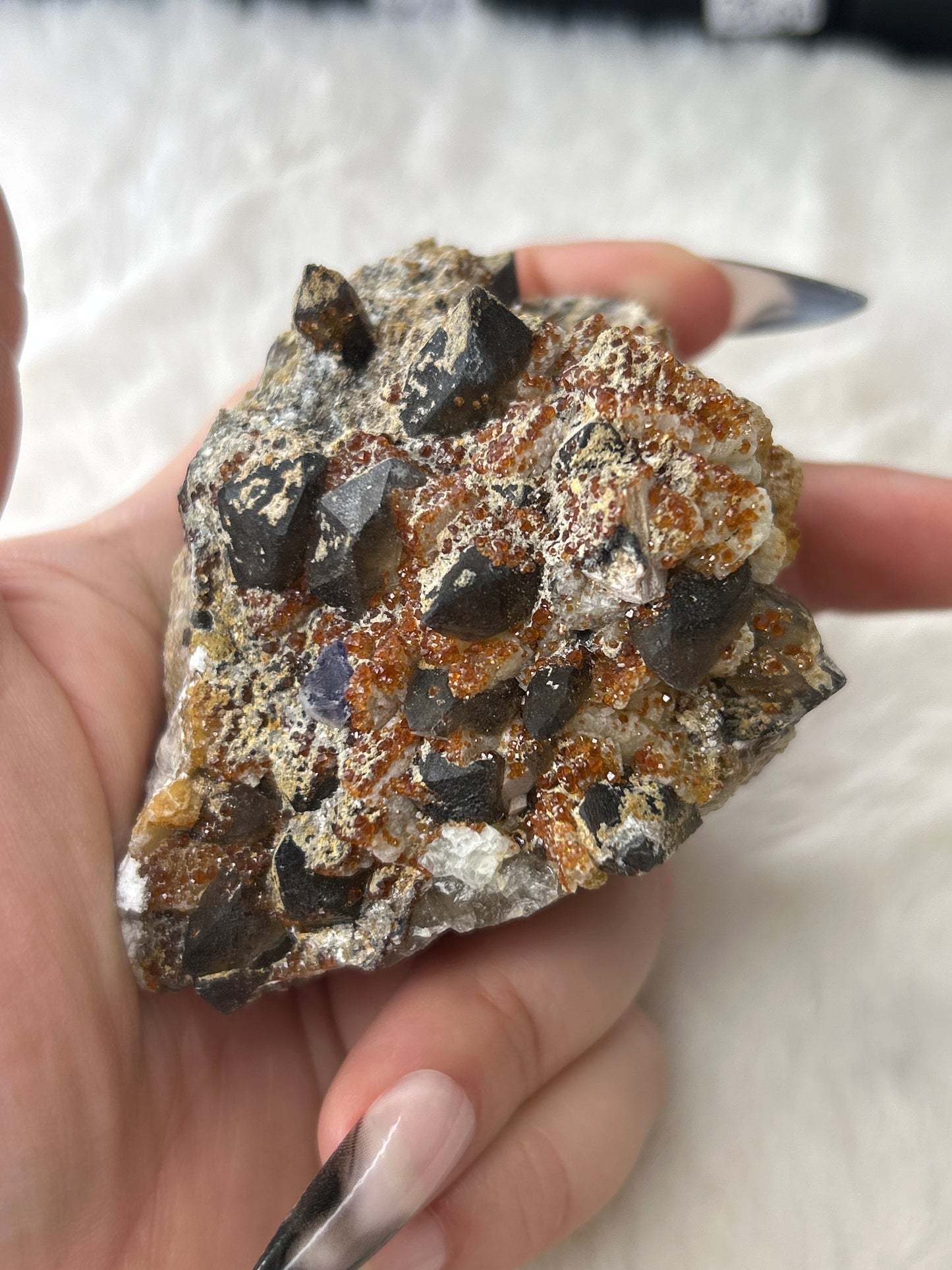 Spessartine Garnet on Smokey Quartz