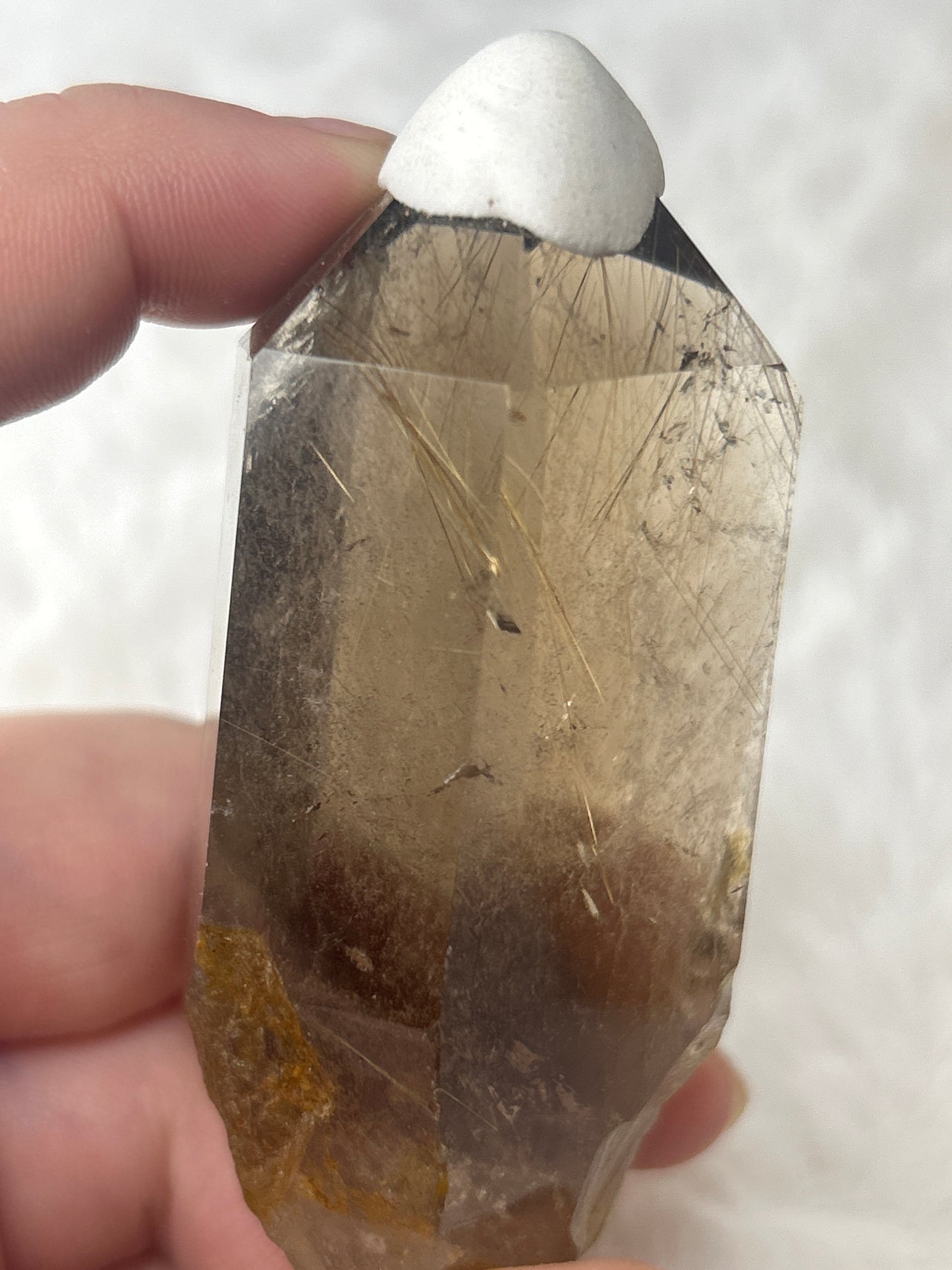 Golden Rutile in Smokey Quartz with custom stand