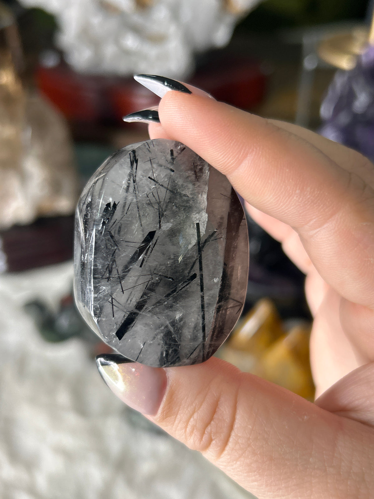 Black Tourmaline in Quartz Palm Stone