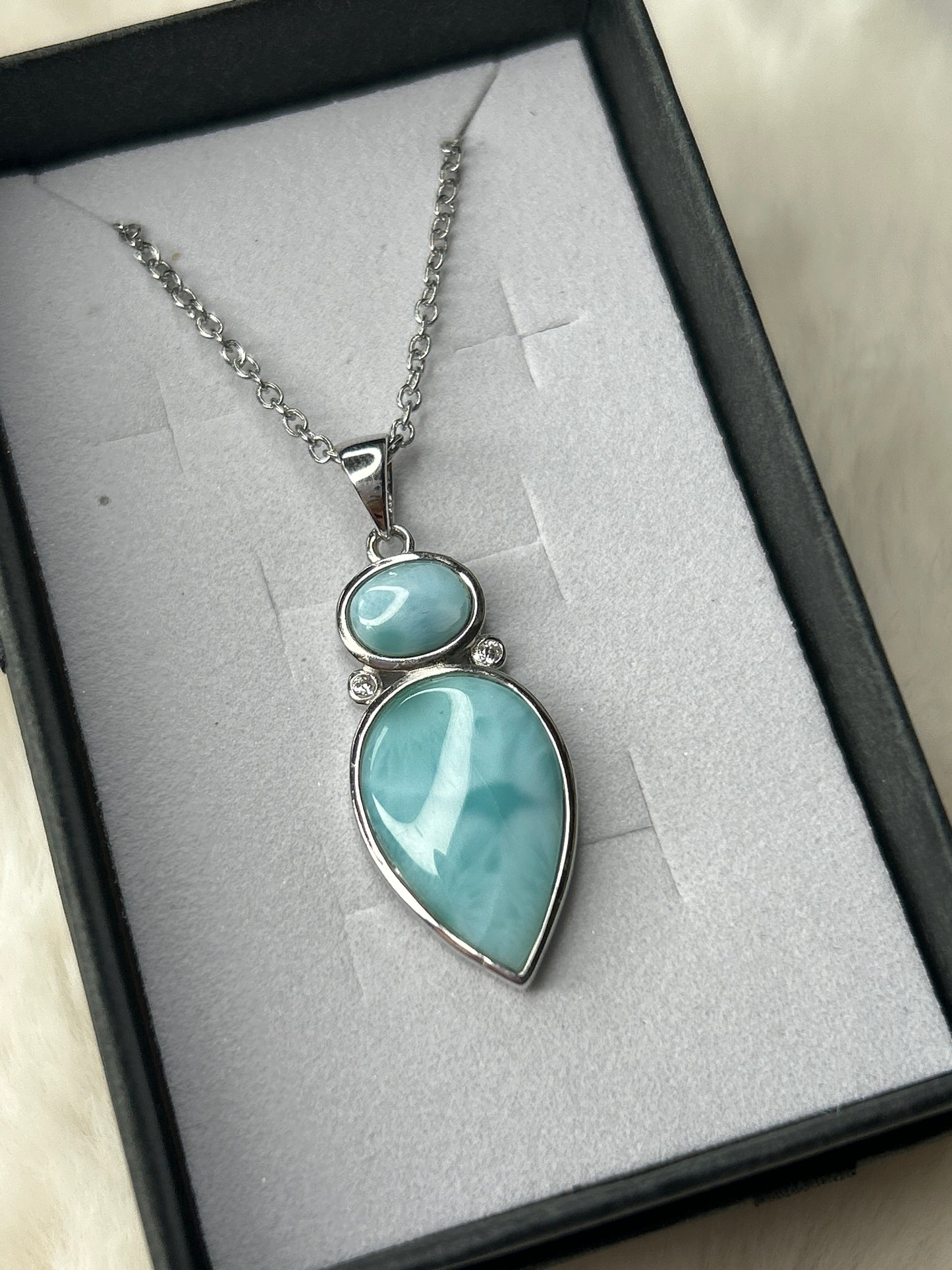 Larimar and Cubic Zirconia Necklace 925 Sterling Silver