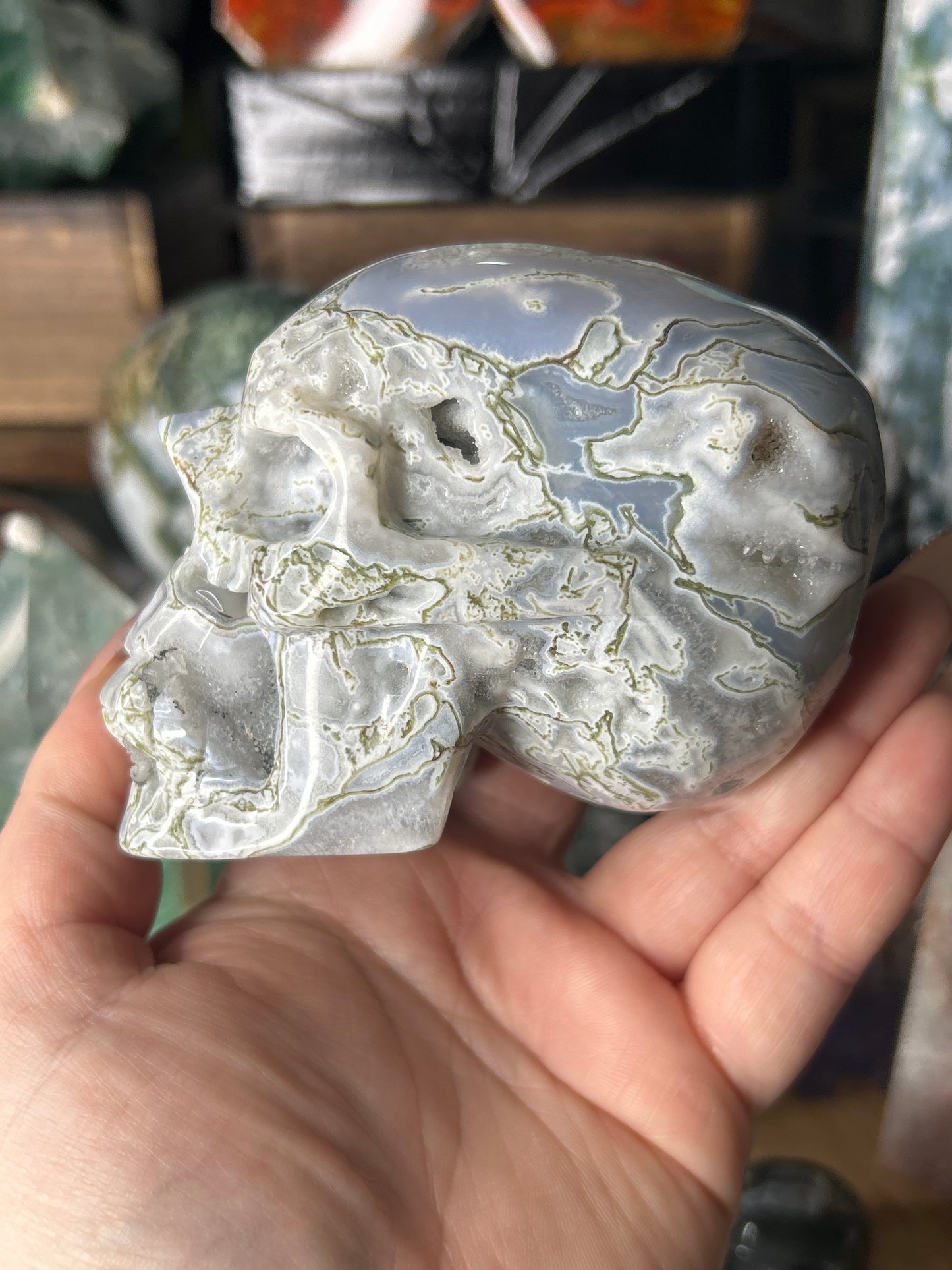 Druzy Moss Agate Skull