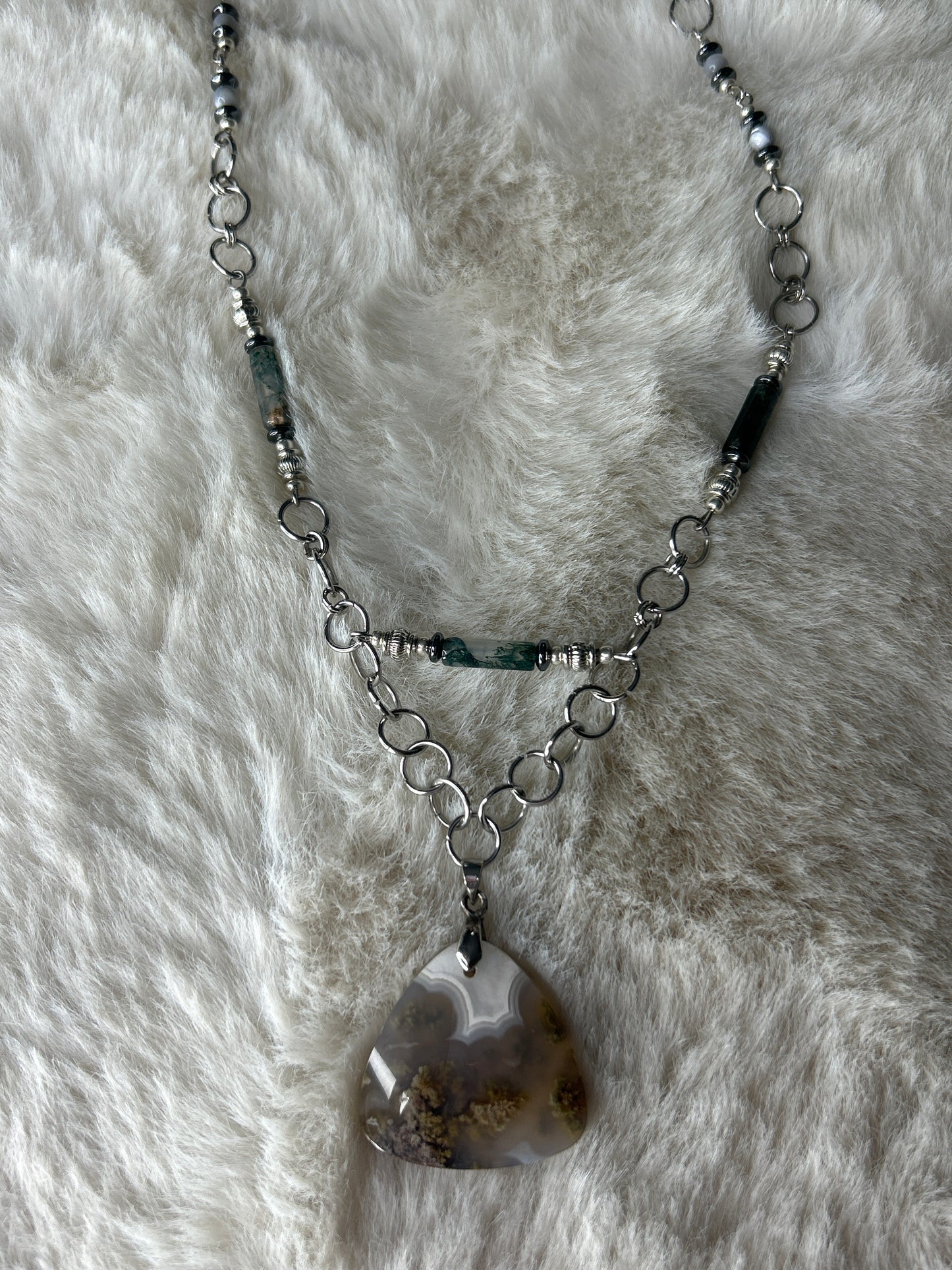 Hand made Moss Agate Necklace with Scenic Moss Pendant
