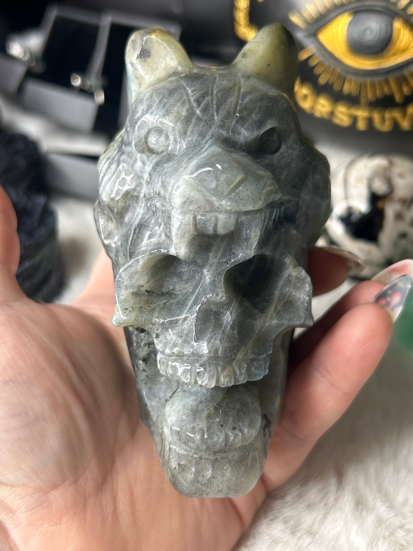 Labradorite Skull & Wolf Head