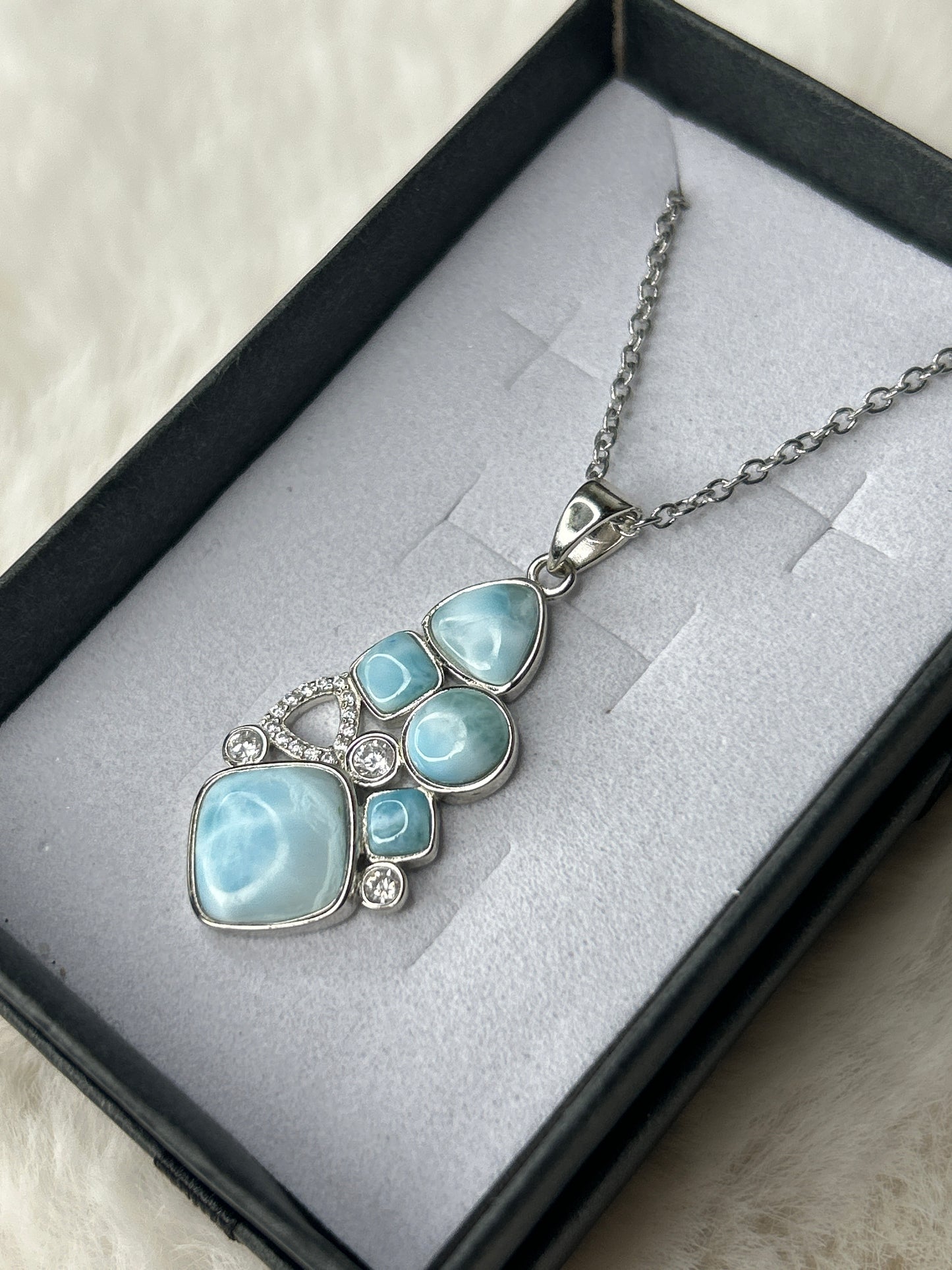 Larimar & Cubic Zirconia Necklace 925 Sterling Silver