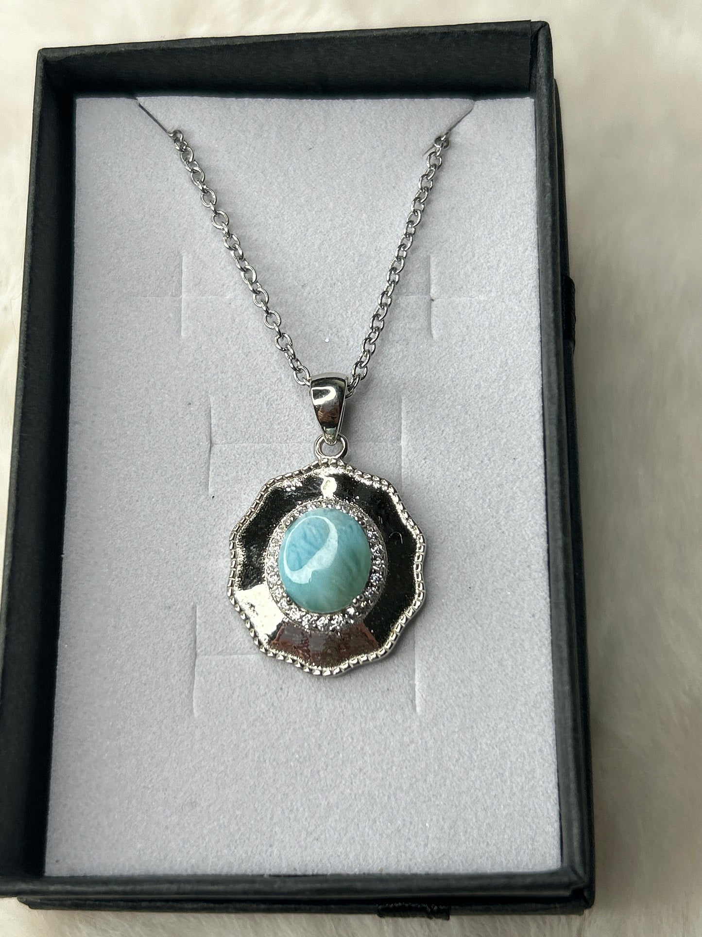 Larimar and Cubic Zirconia Necklace 925 Sterling Silver