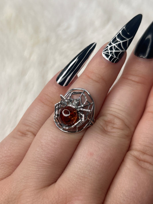 Amber Spider Ring 925 Sterling Silver