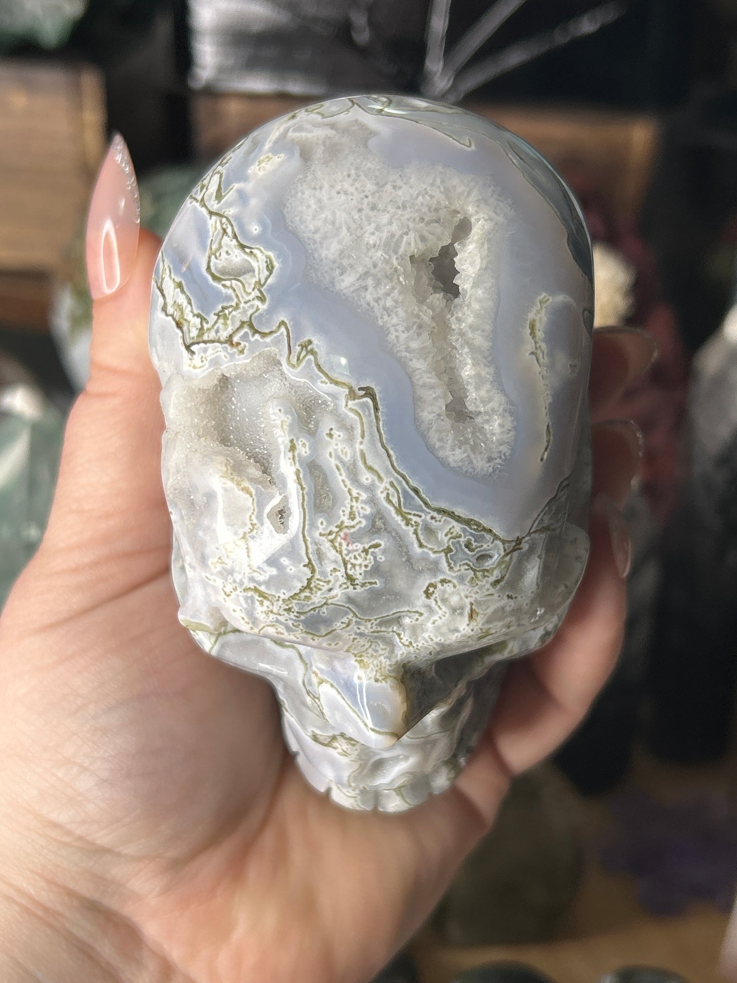 Druzy Moss Agate Skull