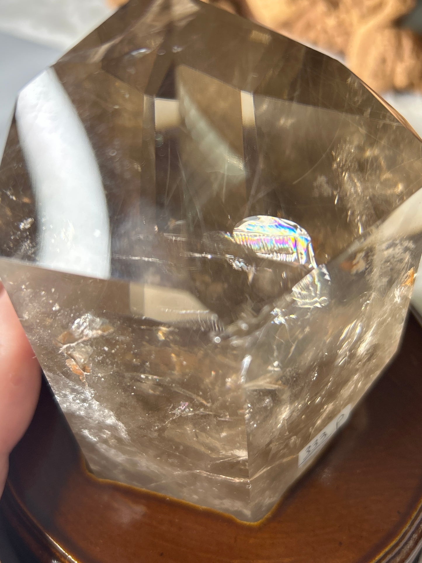 Rutile in Smoky Quartz Point with Custom Wood Stand