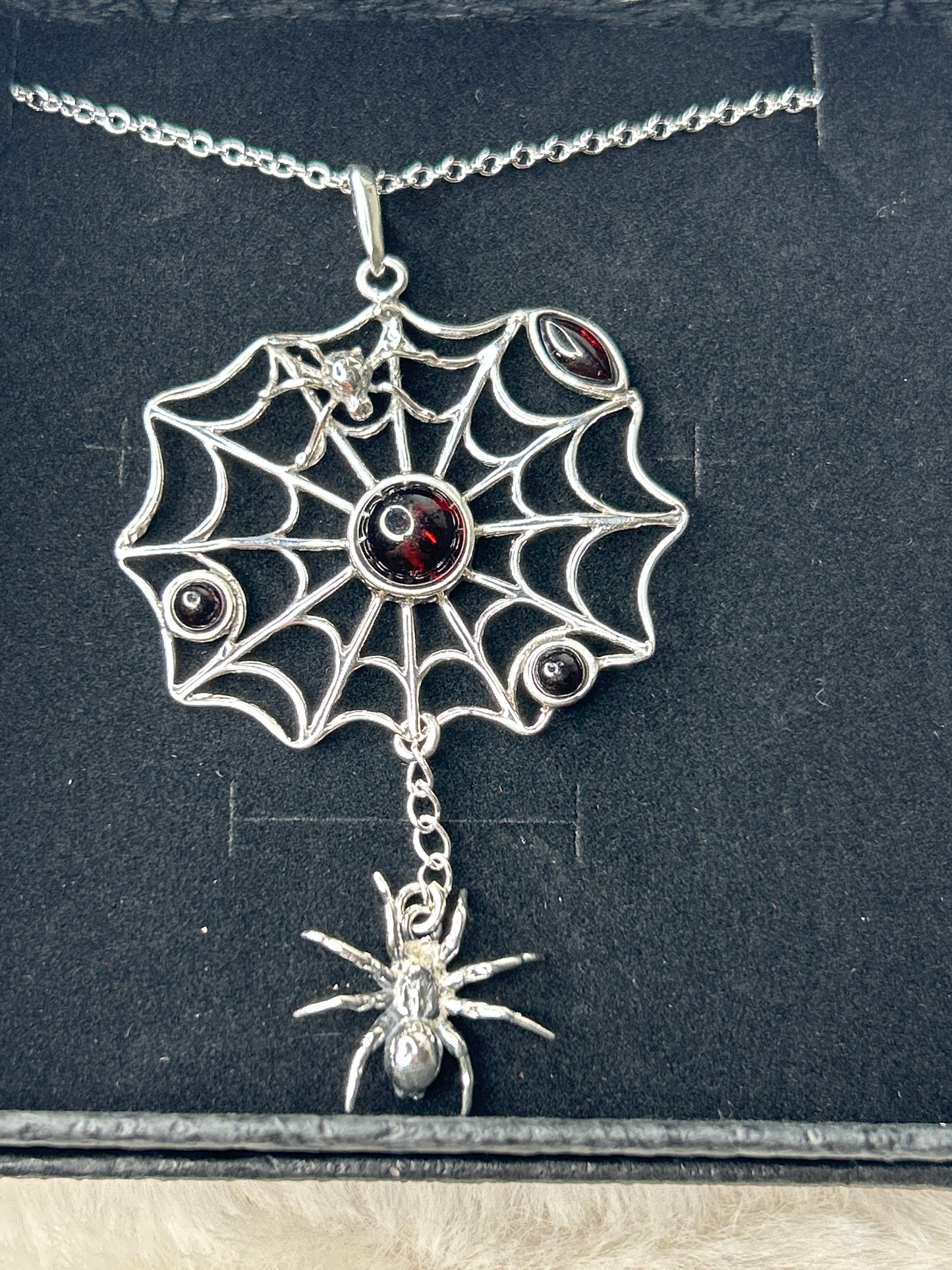 Cherry Amber Spider & Web Necklace 925 Sterling Silver