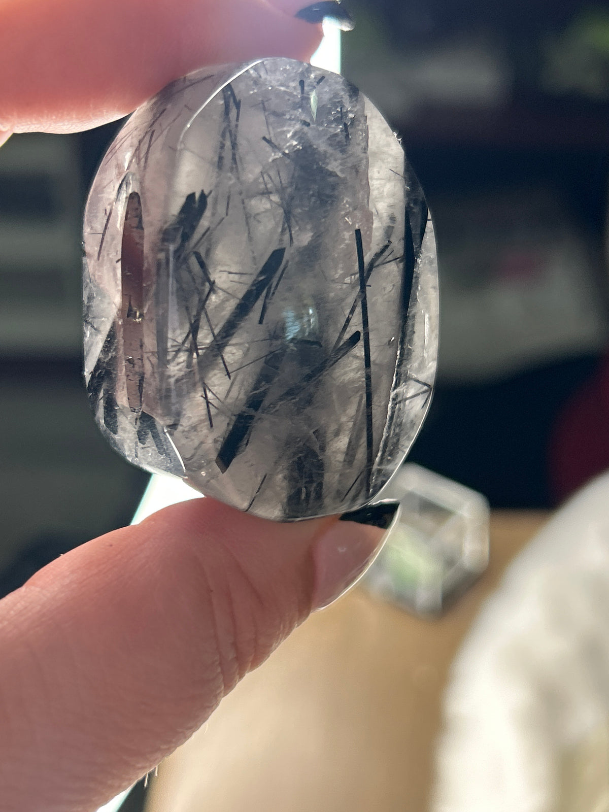 Black Tourmaline in Quartz Palm Stone