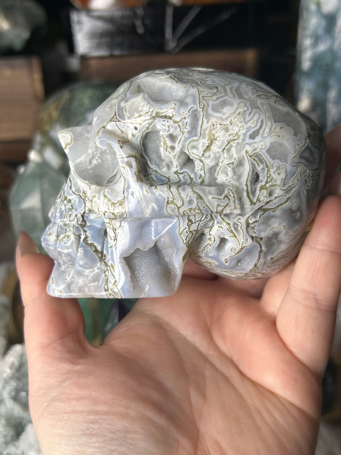 Druzy Moss Agate Skull