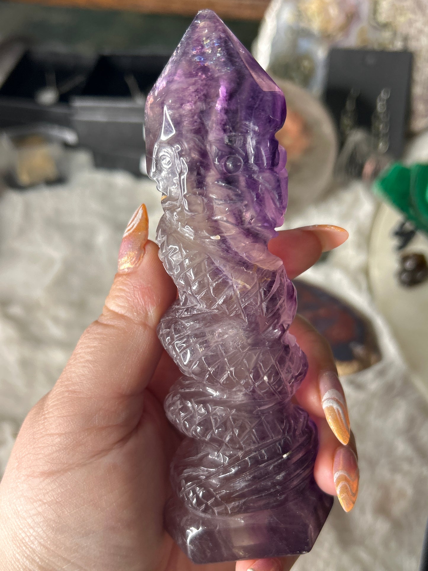 Dragon Carved Fluorite Tower
