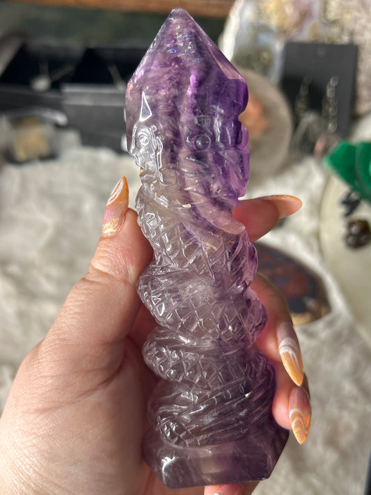 Dragon Carved Fluorite Tower