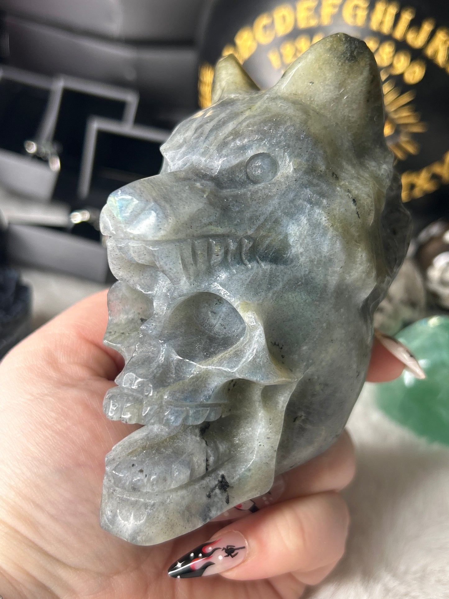 Labradorite Skull & Wolf Head