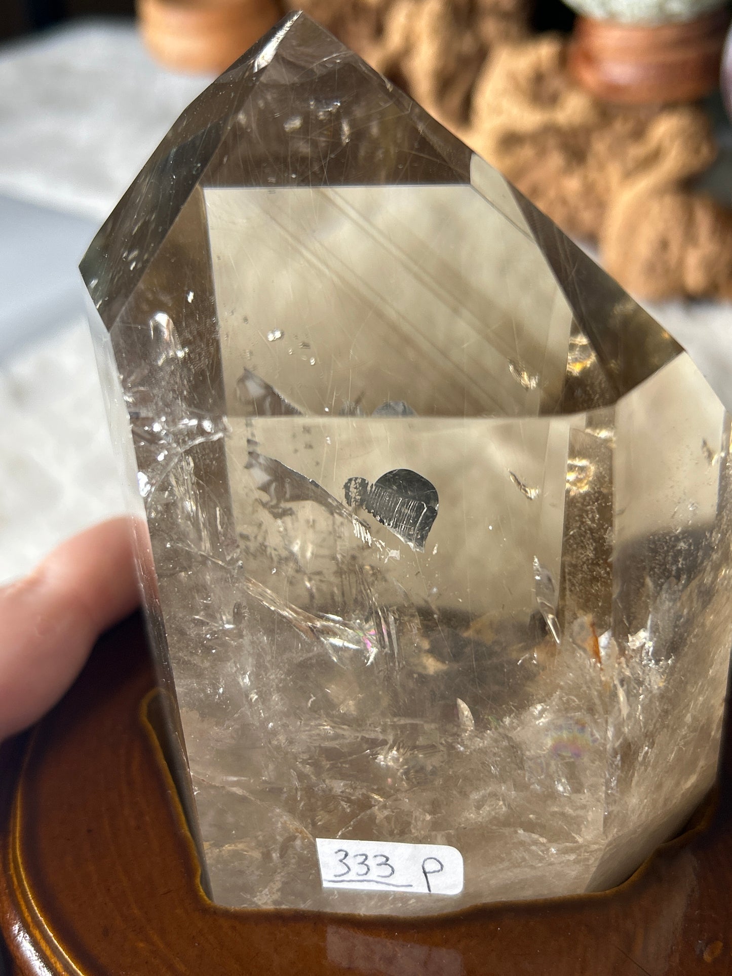 Rutile in Smoky Quartz Point with Custom Wood Stand