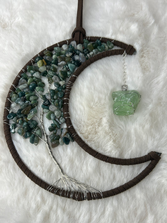 Moss Agate Moon with Fluorite Wall Hanging