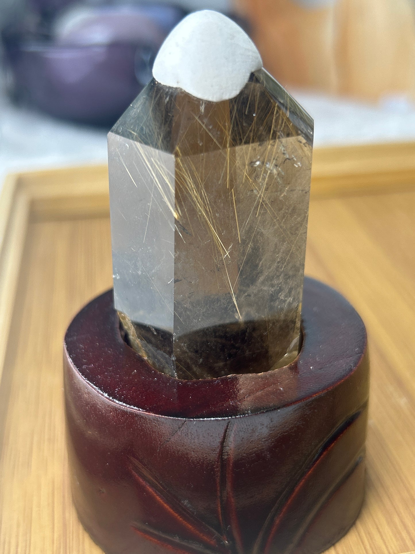 Golden Rutile in Smokey Quartz with custom stand