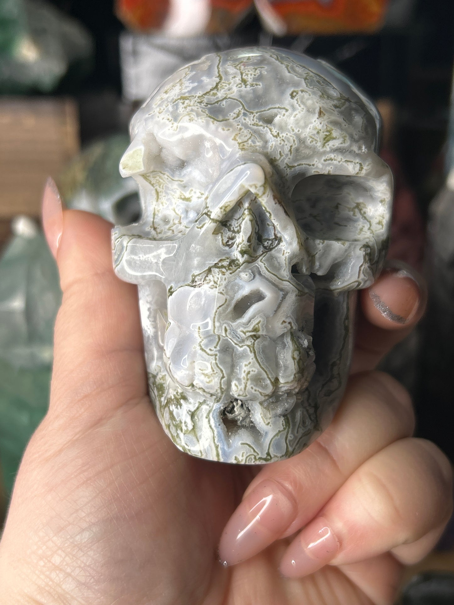 Druzy Moss Agate Skull