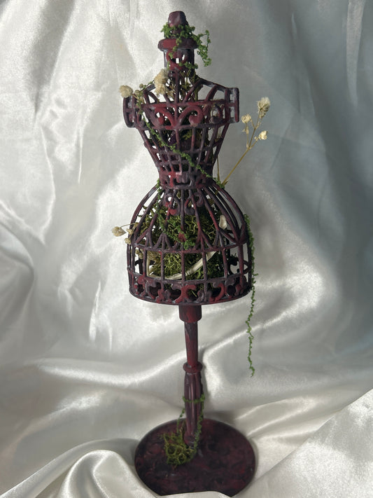 Ornate Dress Form Earring Display Featuring Mink Bones and Botanicals