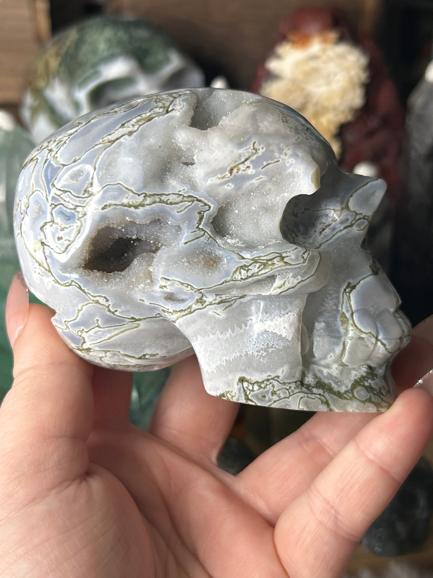 Druzy Moss Agate Skull
