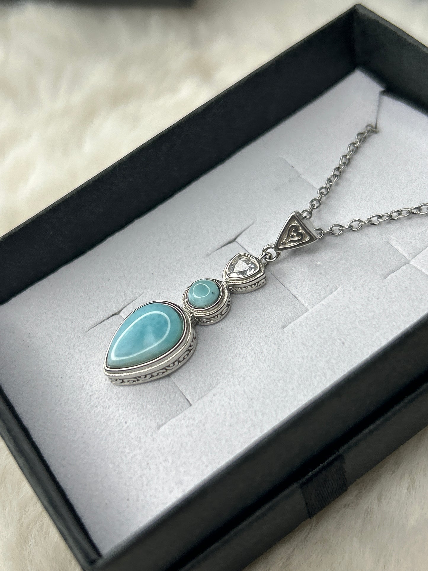 Larimar & Cubic Zirconia Necklace 925 Sterling Silver