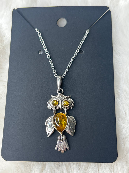 Amber Owl Necklace 925 Sterling Silver